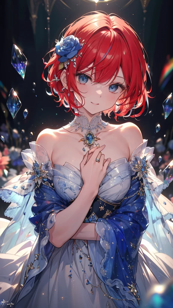 High Definition RAW Color Art, cartoon,sculpture, Silver Marble Skin, (((Extremely meticulous and elegant))), Magical atmosphere, Delicate skin, texture,(Complex details, Fine details, Ultra Detail艺术), Depth of Field, Bokeh, Silky touch, Ultra Detail, (Blue stained glass background), beautiful eyes, Elegant face, (Red hair), flower, Set, Watch from above, Smiley Face, short hair