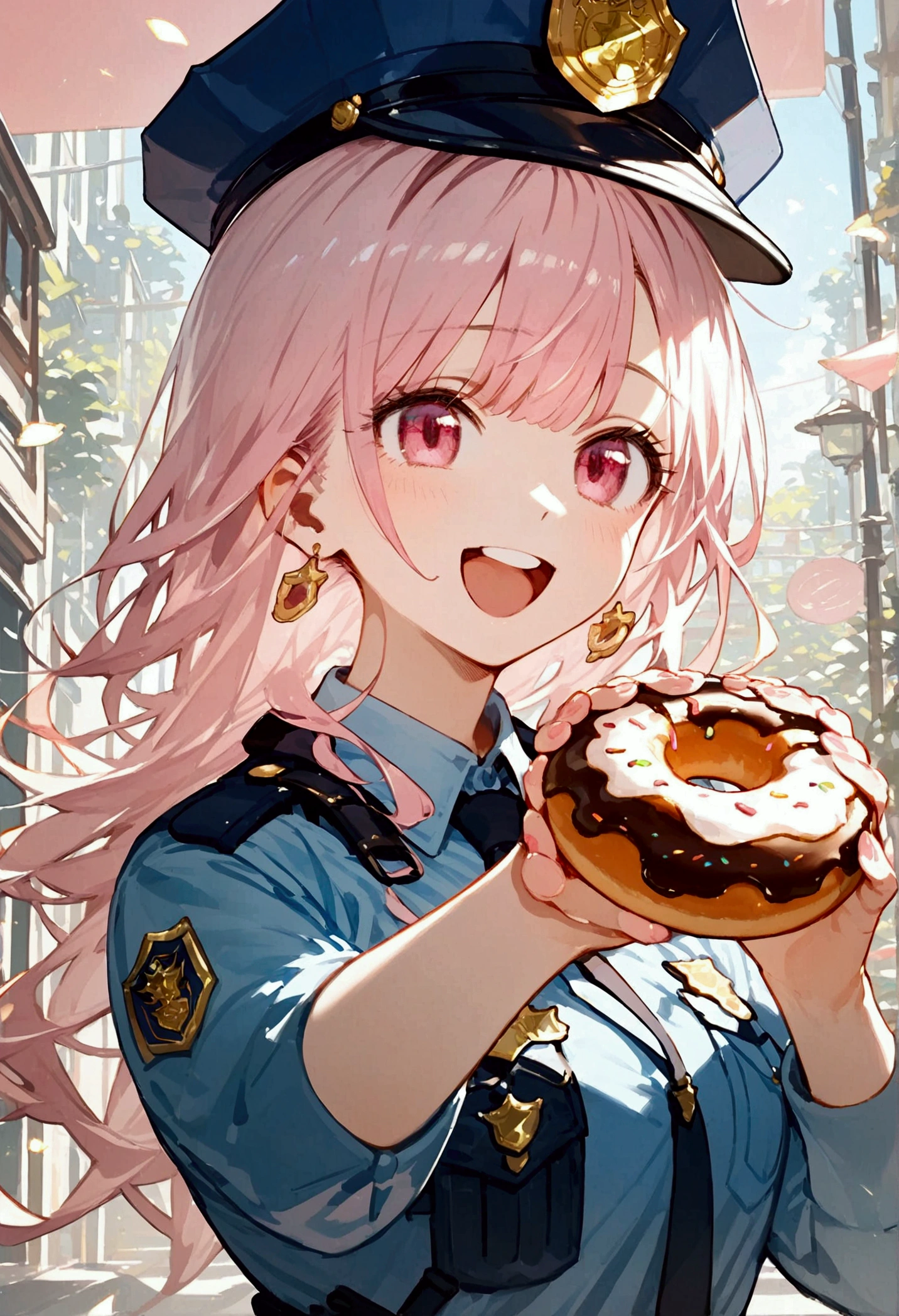 score_9, score_8_up, score_7_up, score_6_up, masterpiece, top quality, best quality, official art, beautiful and aesthetic, anime_source, centered, cinematic scene, 1girl, pink eyes, open mouth, doughnut, holding doughnut, police officer, cop, happy, Expressiveh