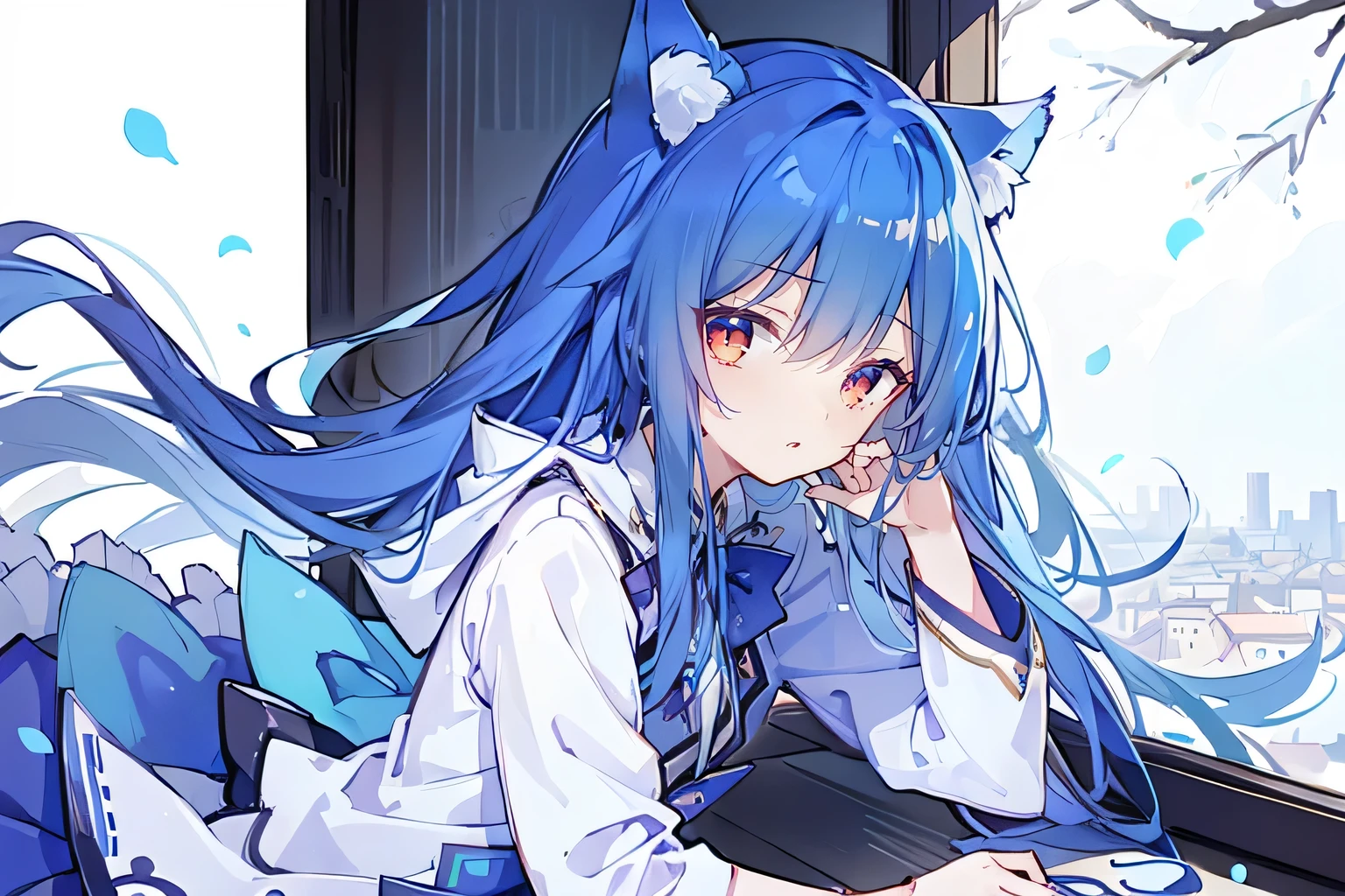 (Masterpiece:1.2)，Ultra-detailed，lifelike，The eyes are expressive，Fair skin，Perfect face shape，1 girl，Japanese Manga，Gorgeous blue hair，Flowing blue hair，Flowing clothes，Cat ears，Petals falling，Smile，Tokyo background，background，heavy snow，winter.Highest quality，perfect face，sitting on window sill drinking coffee and looking out the window.