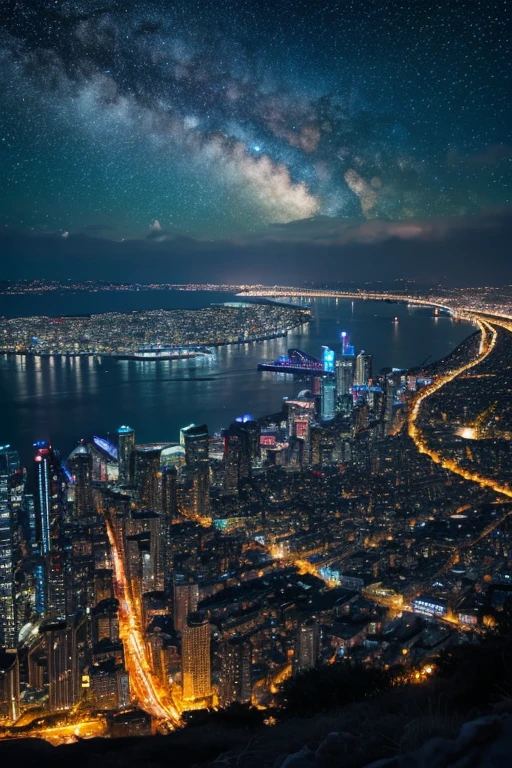Highest quality、Ultra high definition、Beautiful starry sky、In the foreground you can see the calm sea and beyond it the neon lights of the city.
