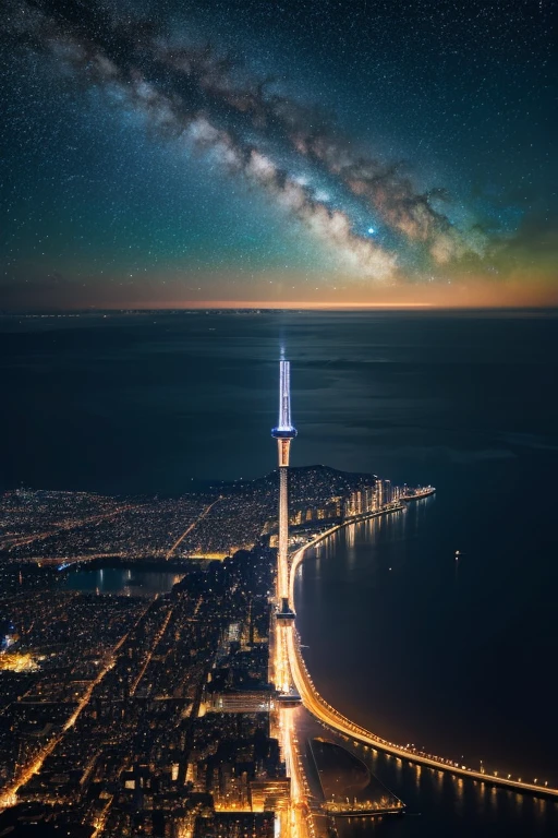 Highest quality、Ultra high definition、Beautiful starry sky、In the foreground you can see the calm sea and beyond it the neon lights of the city.
