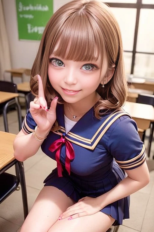 ((Sailor wear、Sailor Costume、Sailor Uniform、high school girl、Sailor suit、Red ribbon、Short sleeve、Navy pleated mini skirt with slit))、1 girl、Bob Hair、Brown Hair、Medium breast、smile、masterpiece:1.3、Raw photo、Highest quality、indoor、classroom、Sit on a chair、You can see the blackboard、Detailed Background、(Anatomically correct arms and legs、Anatomically correct fingers、Beautiful hands and fingers)、
