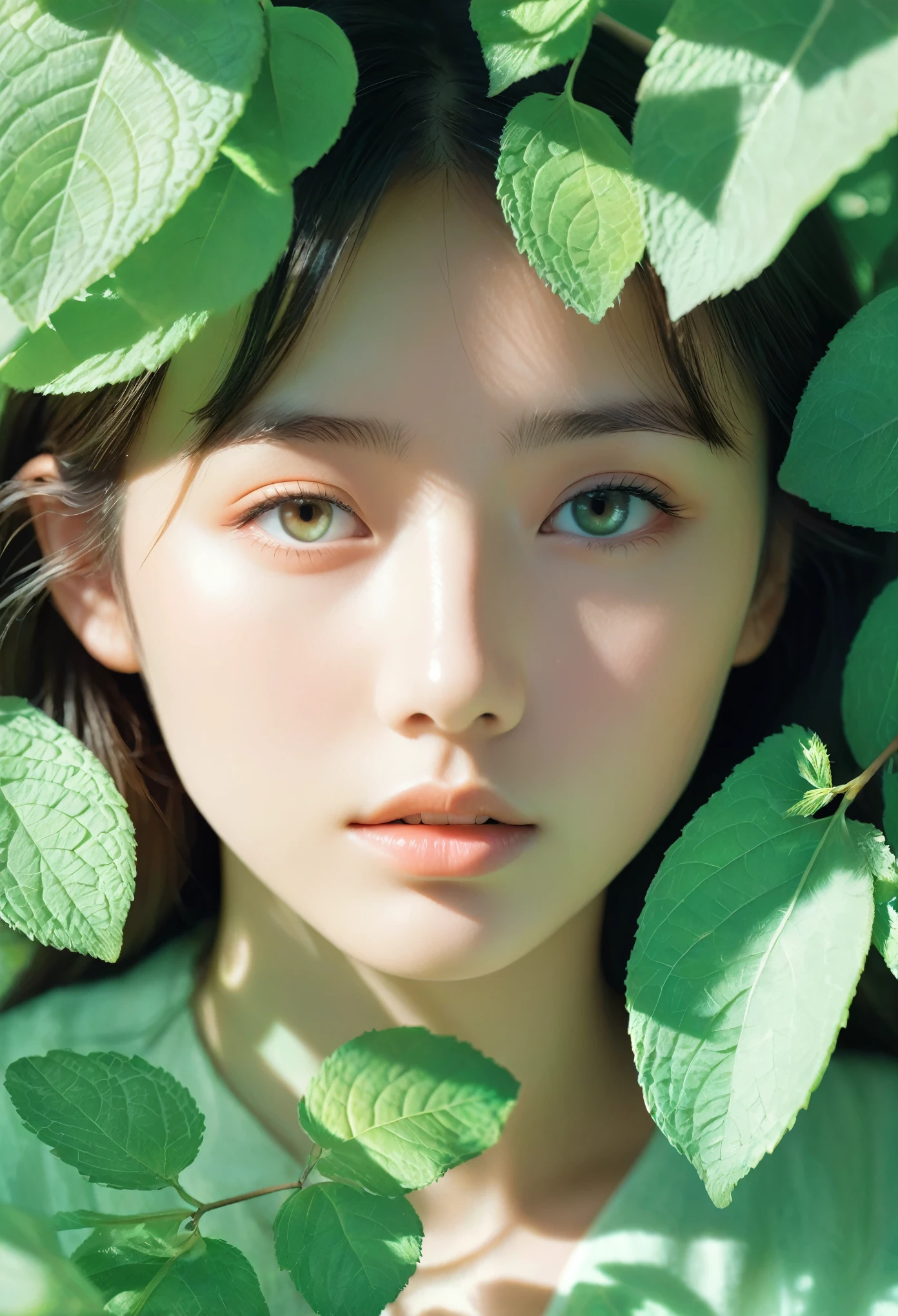 Literary magazine cover，Multiple youth，Close-up of face，The sunlight shines through the gaps in the leaves, casting dappled light and shadows，Fresh and natural，Dreamy mint green，Literary poster layout，The title says &quot;youth&quot; in English font
