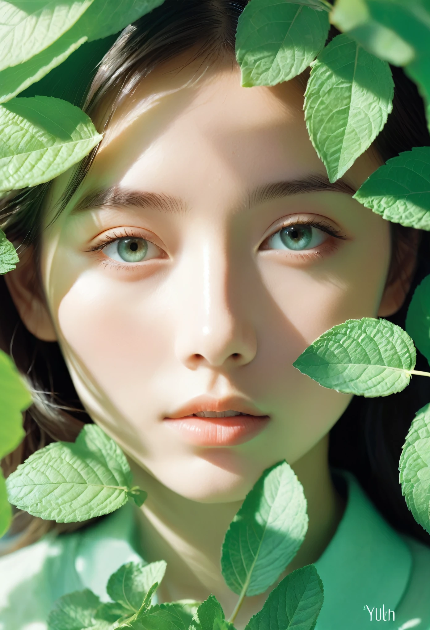 32k, Masterpiece, Highest quality, One girl, Brown Hair, Detailed eyes, flower,Amaryllis, Blue and green style,A dreamy, romantic piece,Pale yellow, Mysterious Leaves,A playful arrangement,Fantasy,High Contrast,Ink strokes,explosion,Exposure, Impression of blue and green tones,Abstract, Brush strokes,Negative Space, Tyndall effect