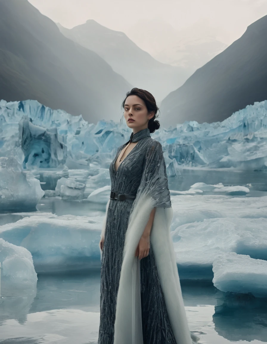 photo of a gorgeous young woman in a Glamorous outfit, beautiful face Japanese girls, still from the film, ((solo)), (Marion Cotillard look alike face: 0.7), cybernetic style in the heart of the glacier, a lone figure emerges from the mist shrouded veil of fire. the 25 year old deadhead stands burning in a perpetual state of unease, her eyes wide with terror as she gazes upon the unforgiving landscape before her. her once vibrant tie dye shirt is now dulled by the boil, smoky air, and her bell bottom jeans are streaked with frost. the wind whispers an otherworldly melody through the glacier's crevices, echoing the haunting rhythms that only the deadheads could understand. amidst this desolate expanse, she appears as a spectral apparition, her very presence seeming to defy the harsh beauty of the burning fire wilderness. the air is heavy with foreboding, and it seems that the glacier itself is watching her, its ancient power stirring in response to her fragile mortal form. futuristic, technological, cybernetic enhancements, robotics, artificial intelligence themes, Leica SL3, Summicron-SL 75 f/2 ASPH, kodak gold 200 film, dynamic action pose,