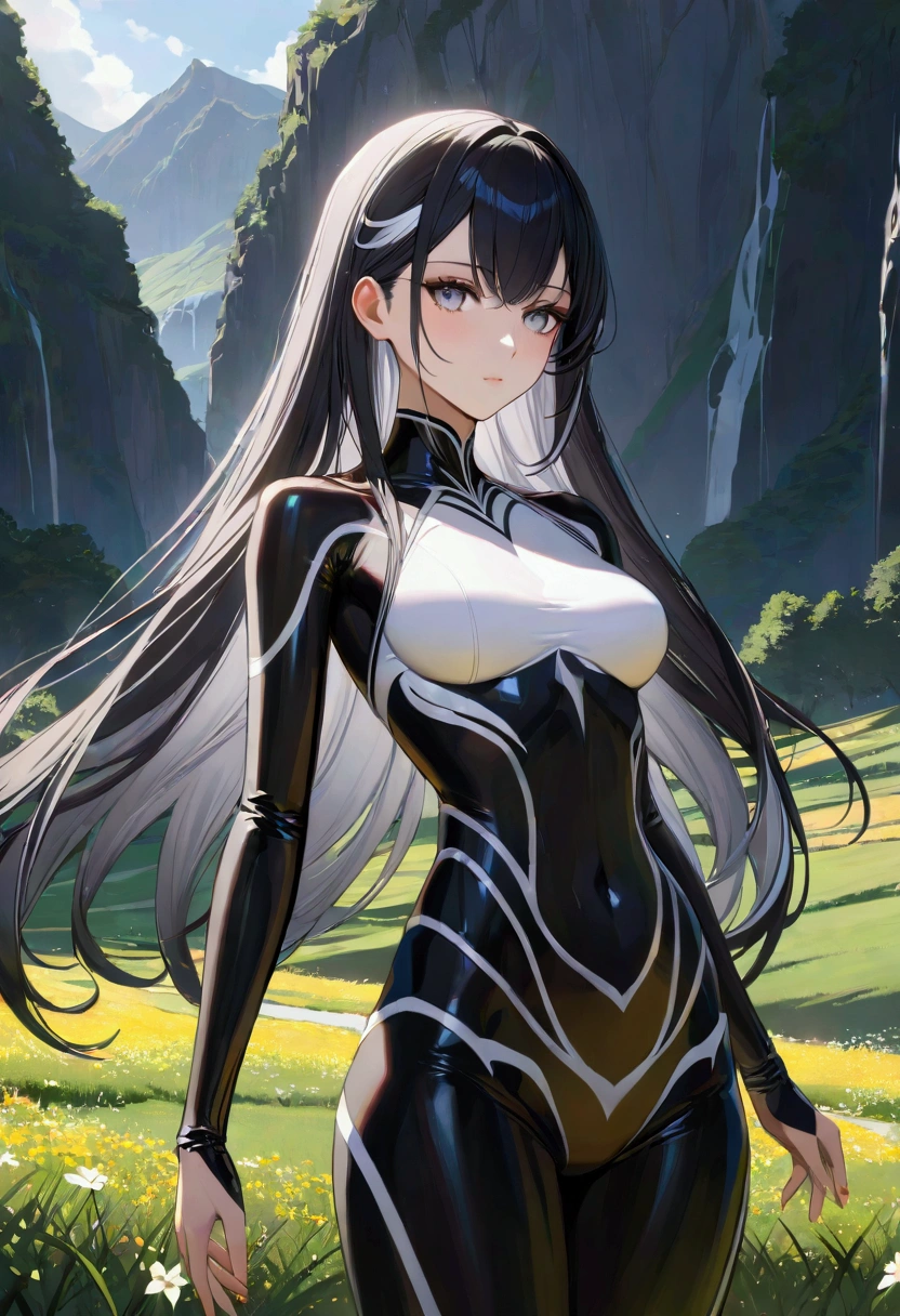 A girl with long black hair with white peekaboo highlights, white eyes, fair skin tone, slender and athletic built, goddess full clothed, detailed hair, detailed body, best quality, aesthetic, 8k