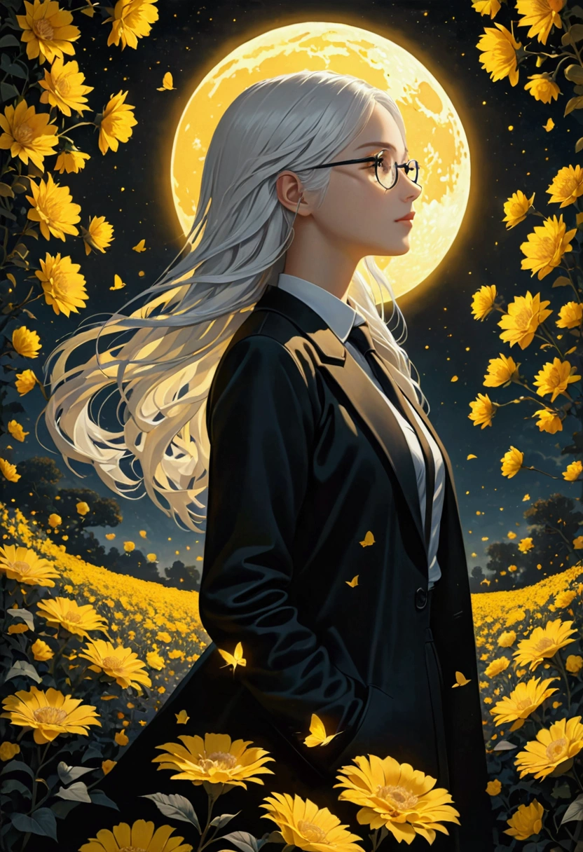 (masterpiece),(best quality), (fantasy:1.4), Surrealism, shadow, Relief, Stereogram, Atmospheric perspective, 8K, Super Detail,A moon, Yellow flowers , Paper_cut, 1 Girl, Solitary, (White hair, Long hair), Perfect face and glasses, (White shirt, Black tie, Black coat, Open coat), Glowing light particles, Dynamic Angle