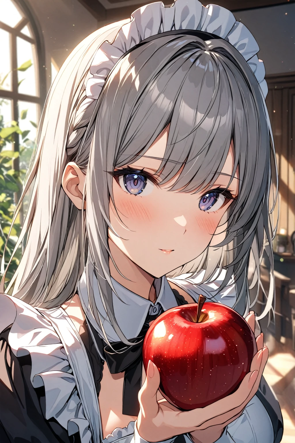 1girl,solo,Grey hair,long hair,maid's outfit,close-up of face,looking at viewer,holding apple in hand,
highly detailed,best quality,absurdres,detailed,HDR,natural light,