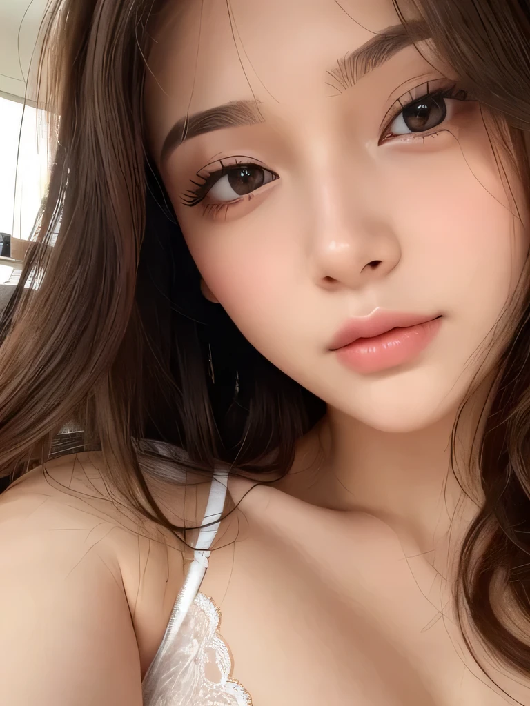 (whole body:1.4, Realistic:1.4, 8k), Highest quality, masterpiece, Ultra-high resolution, Perfect dynamic composition、Round face、((Light brown hair, Long Hair, Curly Hair))、Highly detailed skin and facial textures:1.3, Limb details, 1 girl, Cute sexy 22 year old woman, (Sunburn:1.0), ((Totally captivates you:0.9)), ((In underwear、bedroom)),Center of chest, (Distant eyes, Beautiful Eyes, Brown eyes、Beautiful erotic eyes:0.85), Sexy Face:0.4, (Mouth closed、Small Mouth、Thick lips、A taste of beautiful eroticism:0.85), ((Too cute beauty:0.9))、Gal Makeup、((Extreme close up))