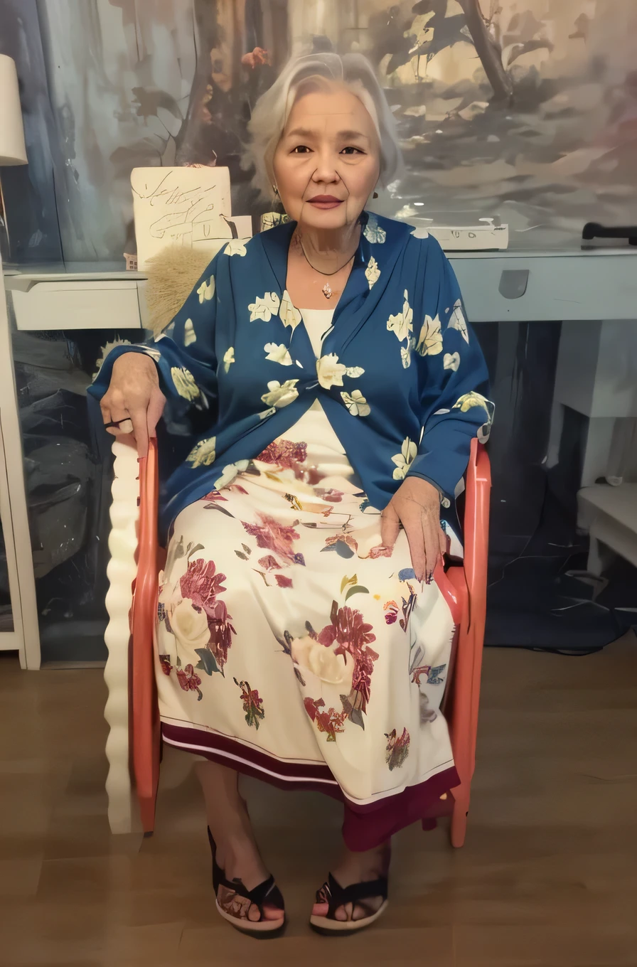 Make this photo realistic and detailed, there is a woman sitting in a chair with a red chair, 8 0 years old woman, an old lady with red skin, old damagaed polaroid photo, an old lady, photo taken in 2 0 2 0, old picture, potrait, photo of a woman, she is about 8 0 years old, old lady, old woman, old photo, fix old photo, very detailed potrait, realistic portrait photo, close up potrait, profile portrait, very detailed face, very realistic face, very perfected face, very detailed clothes, very realistic clothes, very perfected clothes