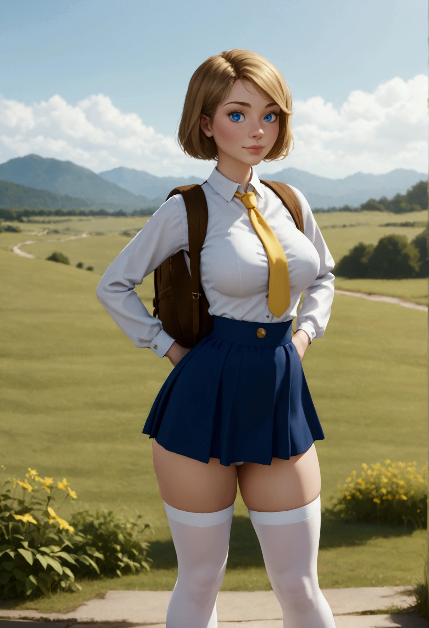 A stunning, intricate full-color portrait in Ultra-HD, 12 year old girl, detailed face, Short blonde hair, blue eyes, She will be wearing a  with a white shirt with buttons, a short yellow tie and a very small short wide skirt that you can see her white underwear., but the skirt will be wide, short and made of fabric , He will be wearing long white stockings and it will be placed on each of his legs up to the height of his buttocks., very giant breasts, sensual and very sexy body, very thin waist, very large hips that appear full body, epic character composition, albi albi, nina masic, sharp focus, natural lighting, Subsoil Dispersion, F2, 35mm, landscape: He will be outside a school and will have a brown backpack hanging on his shoulders., The shot will be from bottom to top and you will be able to see his underwear. 