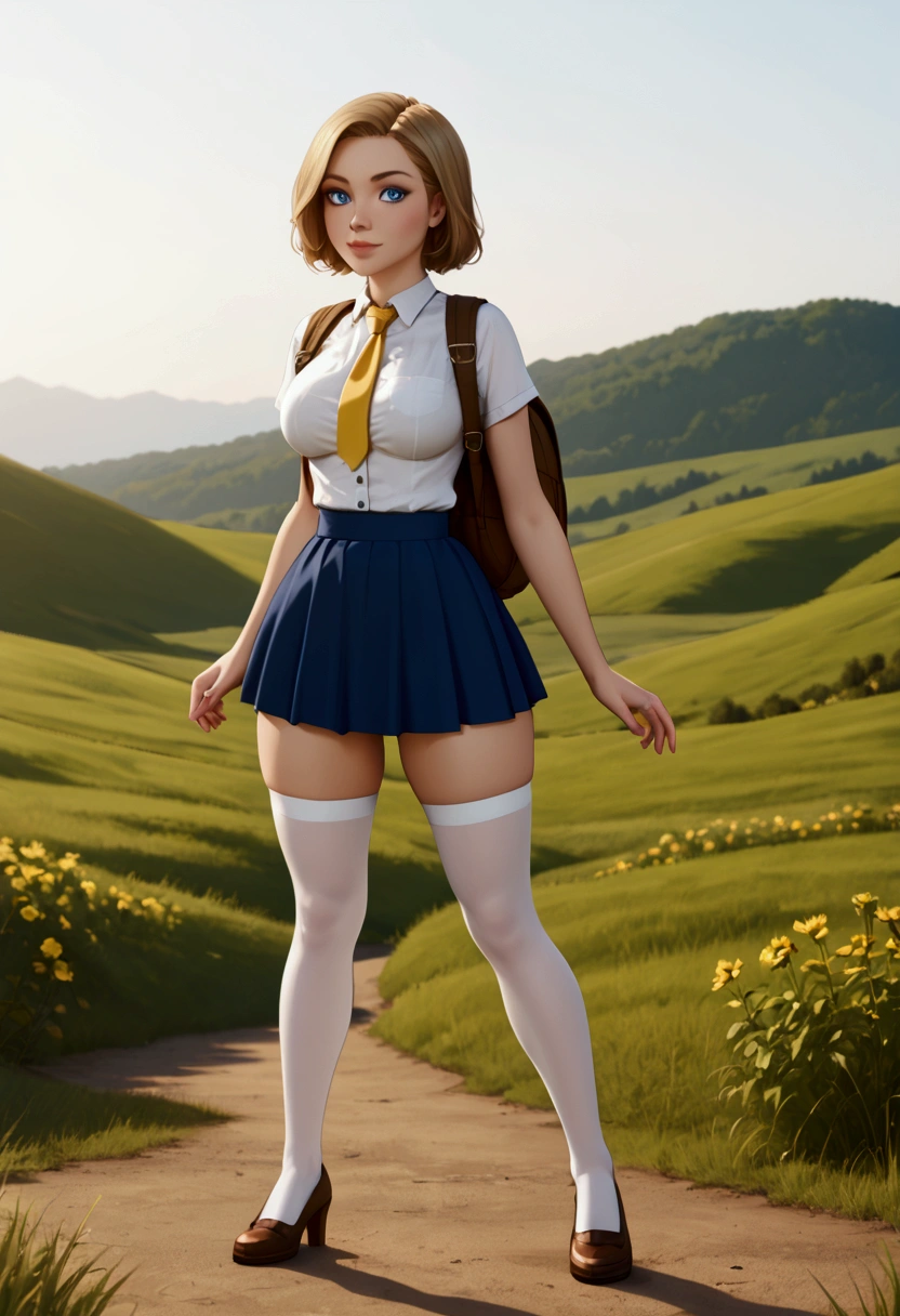 A stunning, intricate full-color portrait in Ultra-HD, 12 year old girl, detailed face, Short blonde hair, blue eyes, She will be wearing a  with a white shirt with buttons, a short yellow tie and a very small short wide skirt that you can see her white underwear., but the skirt will be wide, short and made of fabric , He will be wearing long white stockings and it will be placed on each of his legs up to the height of his buttocks., very giant breasts, sensual and very sexy body, very thin waist, very large hips that appear full body, epic character composition, albi albi, nina masic, sharp focus, natural lighting, Subsoil Dispersion, F2, 35mm, landscape: He will be outside a school and will have a brown backpack hanging on his shoulders., The shot will be from bottom to top and you will be able to see his underwear. 