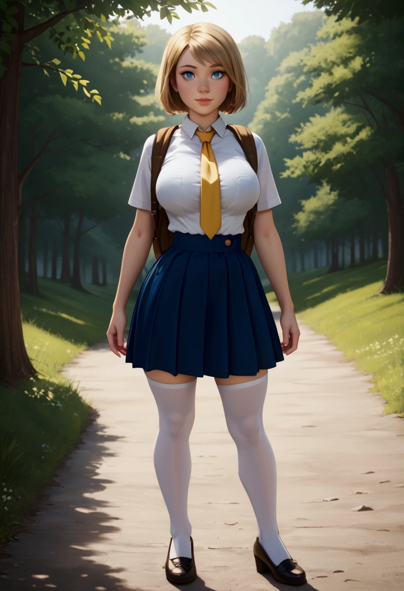 A stunning, intricate full-color portrait in Ultra-HD, 12 year old girl, detailed face, Short blonde hair, blue eyes, She will be wearing a  with a white shirt with buttons, a short yellow tie and a very small short wide skirt that you can see her white underwear., but the skirt will be wide, short and made of fabric , He will be wearing long white stockings and it will be placed on each of his legs up to the height of his buttocks., very giant breasts, sensual and very sexy body, very thin waist, very large hips that appear full body, epic character composition, albi albi, nina masic, sharp focus, natural lighting, Subsoil Dispersion, F2, 35mm, landscape: He will be outside a school and will have a brown backpack hanging on his shoulders., The shot will be from bottom to top and you will be able to see his underwear. 