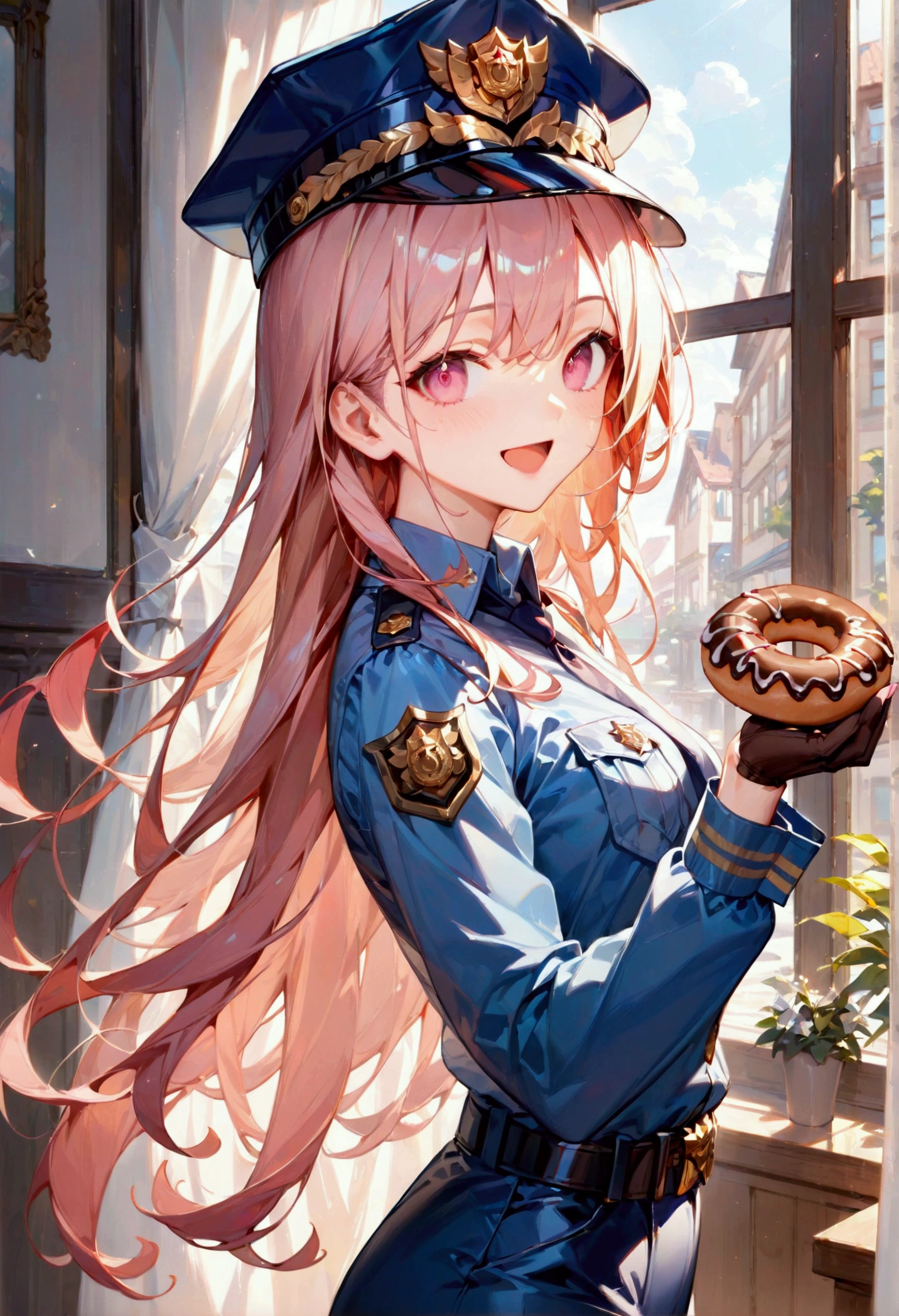 score_9, score_8_up, score_7_up, score_6_up, masterpiece, top quality, best quality, official art, beautiful and aesthetic, anime_source, centered, cinematic scene, 1girl, pink eyes, open mouth, doughnut, holding doughnut, police officer, cop, happy, Expressiveh