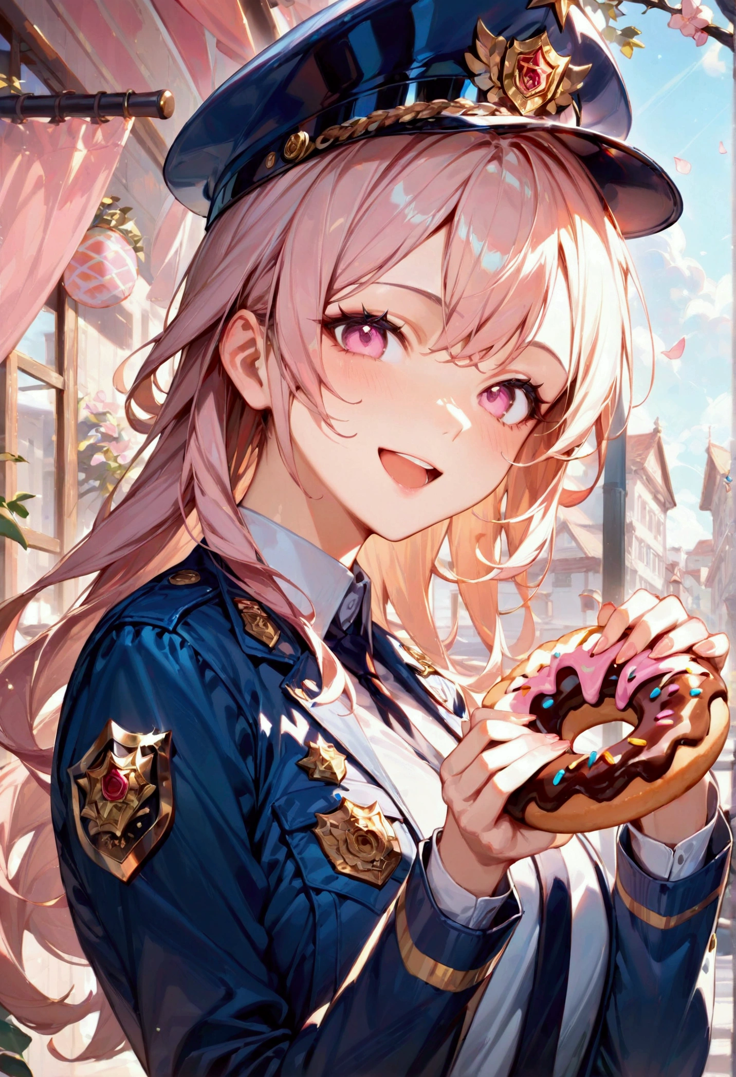 score_9, score_8_up, score_7_up, score_6_up, masterpiece, top quality, best quality, official art, beautiful and aesthetic, anime_source, centered, cinematic scene, 1girl, pink eyes, open mouth, doughnut, holding doughnut, police officer, cop, happy, Expressiveh