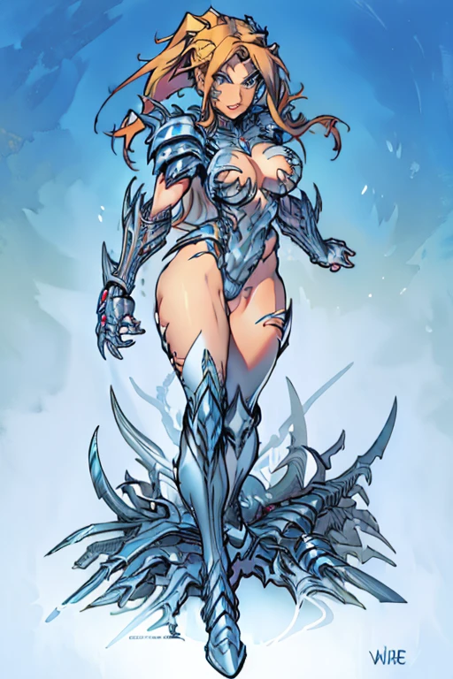(masterpiece), best quality, expressive eyes, perfect face, Sexy woman, (long blonde hair in ponytail), blue eyes, full body, (((white witchblade armor))), high heel boots, large breasts, large ass, long legs, smiling