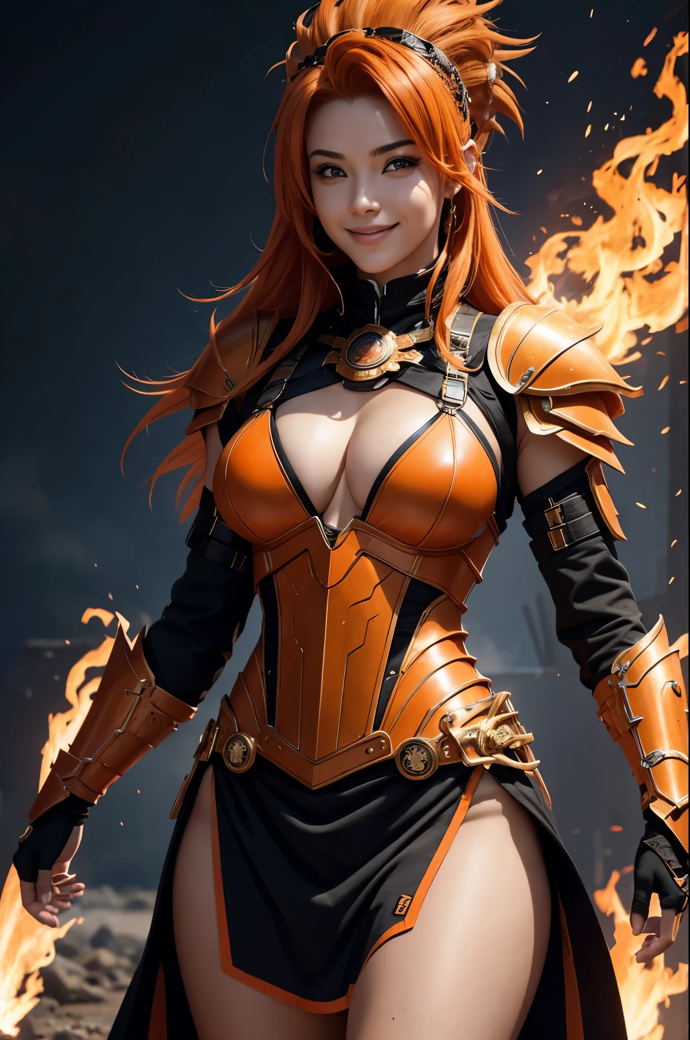 8k,American female fire goddess, With the energy of a 20-year-old.,Super Beauty(Like the real thing),Looking at the audience with a big smile.,Orange Mohawk Hair,Sexy orange and black large chest armor(Fire God&#39;s Emblem),Orange Flame Gauntlets(Fire God&#39;s Emblem),Orange Flame Leg Guards(Fire God&#39;s Emblem),Orange and black stripes and sun shorts(Fire God&#39;s Emblem),Slender and muscular lower body,A dark and desolate land,Photorealistic RAW photos of the highest quality。Bright colors,Rich colors, Backlight, Cinema Lighting, Film Grain, 50mm lens, Nikon D850,Realistic Skin,Fantasy art,Character Art,Ultra-high resolution,Realistic Skin,Raised muscles,A 20-year-old beauty who is the goddess of fire,Black Flame God Costume(Orange flame emblem filigree),Energy Man,Super Muscular Beauty,Very intense and strong abs,Top-down view,Dynamic fighting pose,Uplifting,Stern expression(anger),Bright Red Eyes,American Woman,Bodybuilding,Fighting style,Martial Arts Posture,