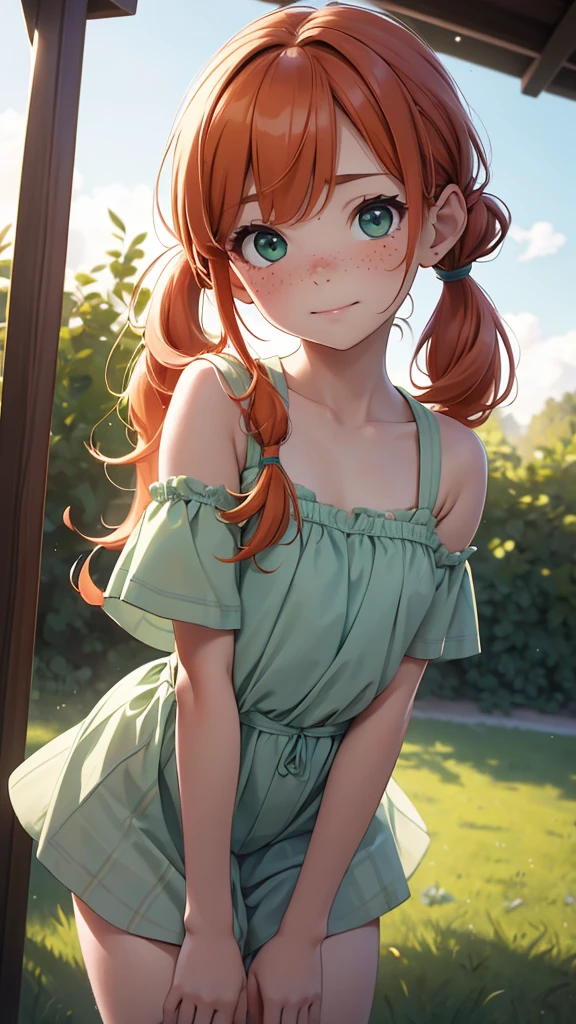 (masterpiece), (4k), )vivid colors), (evening light) e 11 rl with ginger hair and innocent face with freckles and 2 green pigtails dressed as a flat chested girl