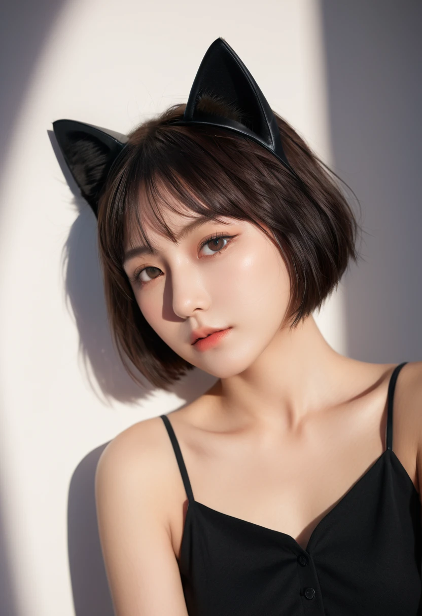 Best quality,masterpiece,Ultra-high resolution,(Realistically:1.5),RAW photos, Cat ears,cute,In the light,deep shadow,Low profile,Cold Light,sexy look,short hair