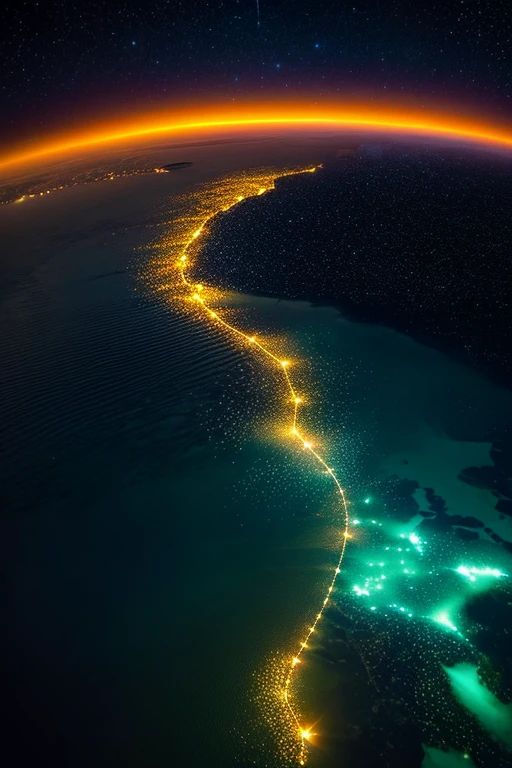 Highest quality、Ultra high definition、Beautiful starry sky、In the foreground you can see the calm sea and beyond it the neon lights of the city.