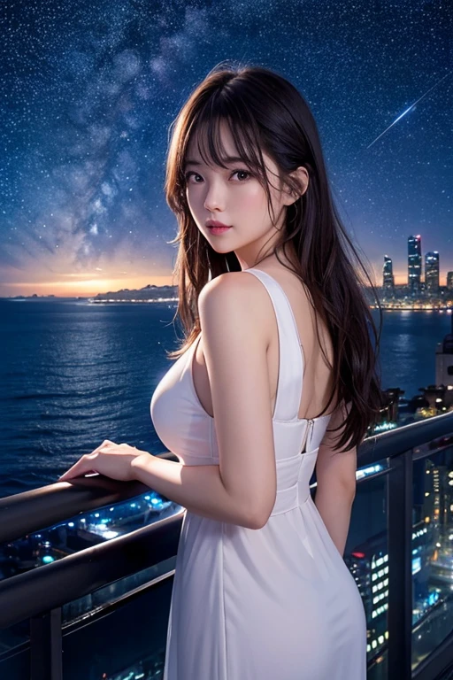 Highest quality、Ultra high definition、Beautiful starry sky、In the foreground you can see the calm sea and beyond it the neon lights of the city.