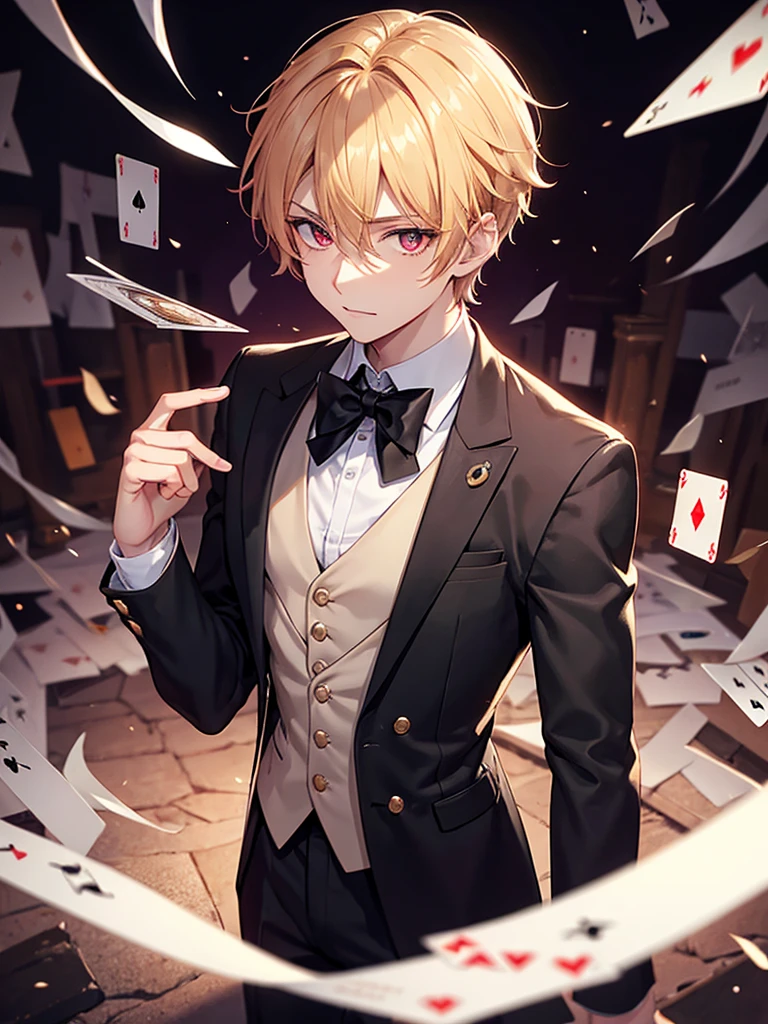 1 boy,handsome,black short hair, conjunctivitis, Side parted hairstyle, vampire, handsome, Elegant and charming magician，ruby eyes，short blonde hair，Emitting a bright light，Behind there were countless skeletons.，Scatter the cards down.，Anime，handsome，look good, stand, nighttime, Close-up photo,Ultra details, HD ulta