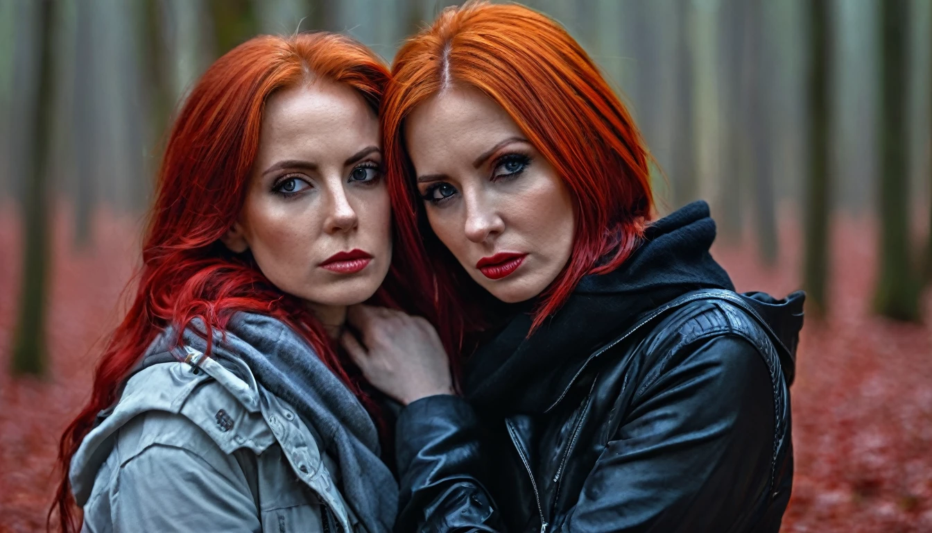 2 Womanes.
30 years old, Red hair, caucasiano, Eyes red, expresses sadness, blood in The face, detailed black outfit.
2 Woman, on his knees, 30 years old, he would be, caucasiano, White hair, grey-eyed, detailed white clothing, dark forest background, (best qualityer,4K,8k,high resolution,work of art:1.2),ultra detali,(realisitic,photorealisitic,photo-realisitic:1.37),HDR,ultra HD,studio lighting,ultra-fine painting,sharp focus,Physically based rendering,extreme detailed description,proffesional,bright coloured,bokeh,portraite,horor