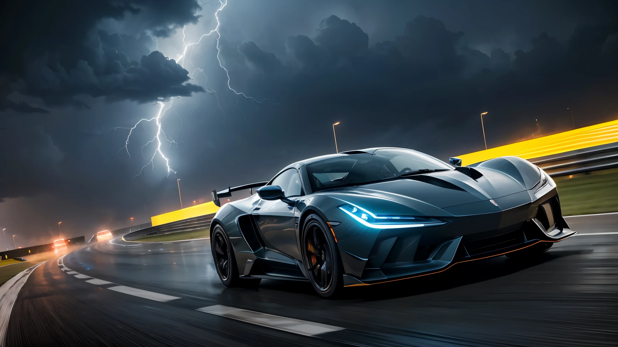Picture yourself in a futuristic sports car, racing through a storm with lightning illuminating the night sky. Describe the cutting-edge technology, the roar of the engine, and the thrill of speeding through the tempest, defying the elements with every twist and turn.