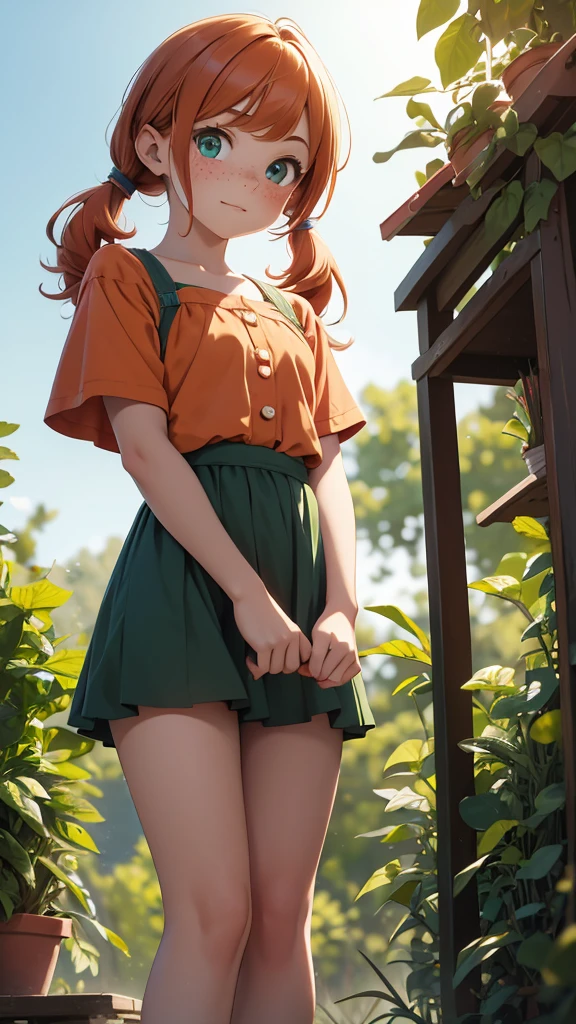 (masterpiece), (4k), )vivid colors), (evening light) e 11 rl with ginger hair and innocent face with freckles and 2 green pigtails dressed as a flat chested girl