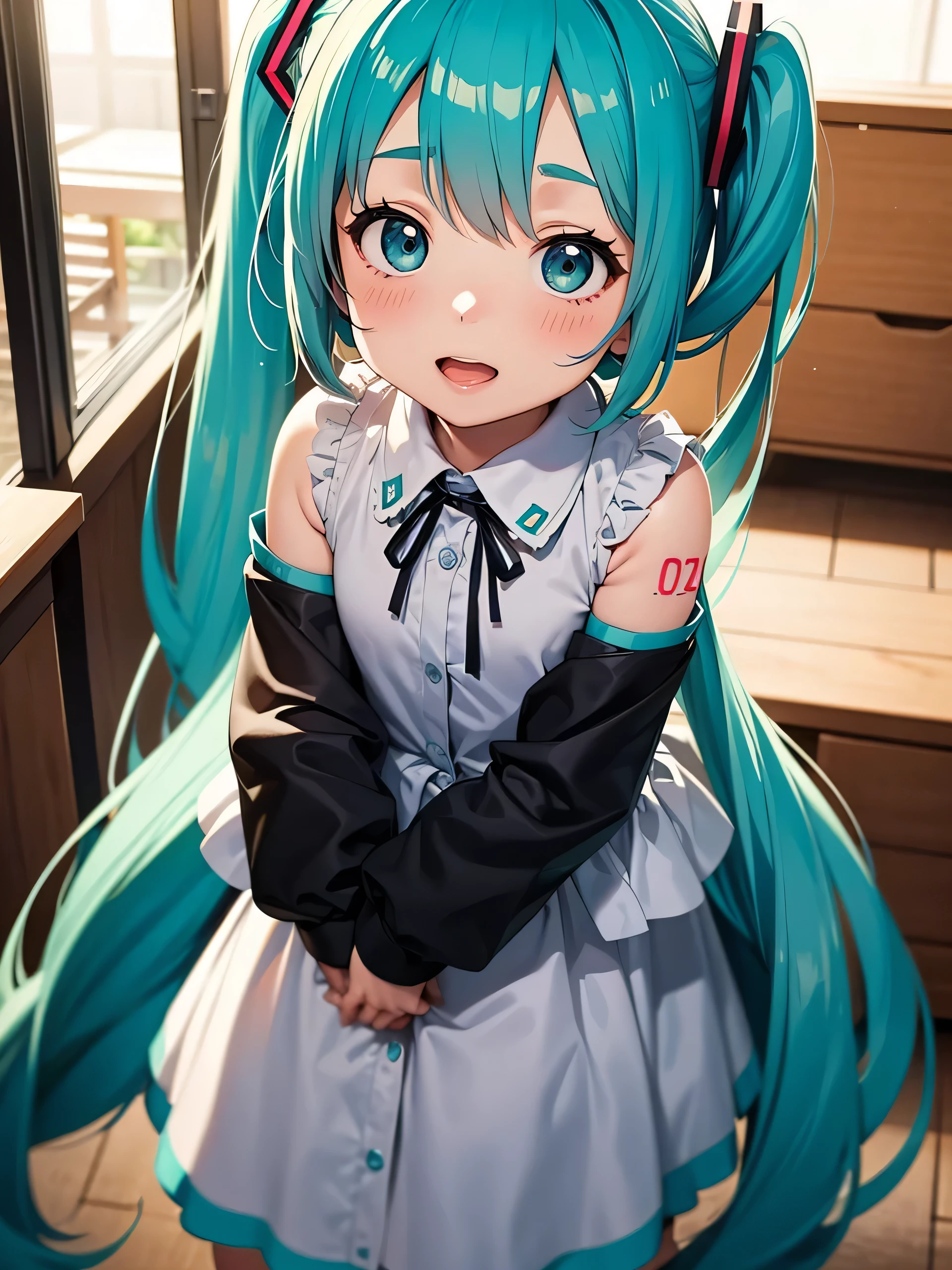 Young HatSune Miku、girl、Solo、girl、KindergartenerS、、6 yearS old、Child'S 、Striped pantieS、clotheS、Puffy Short SleeveS、flare Skirt、ClotheS are See-through、From below、Spread your legS、See-through pantieS、PantieS that get wet、iS See-through、Back view、Underwear wedgie、Butt、On all fourS、Lace pantieS