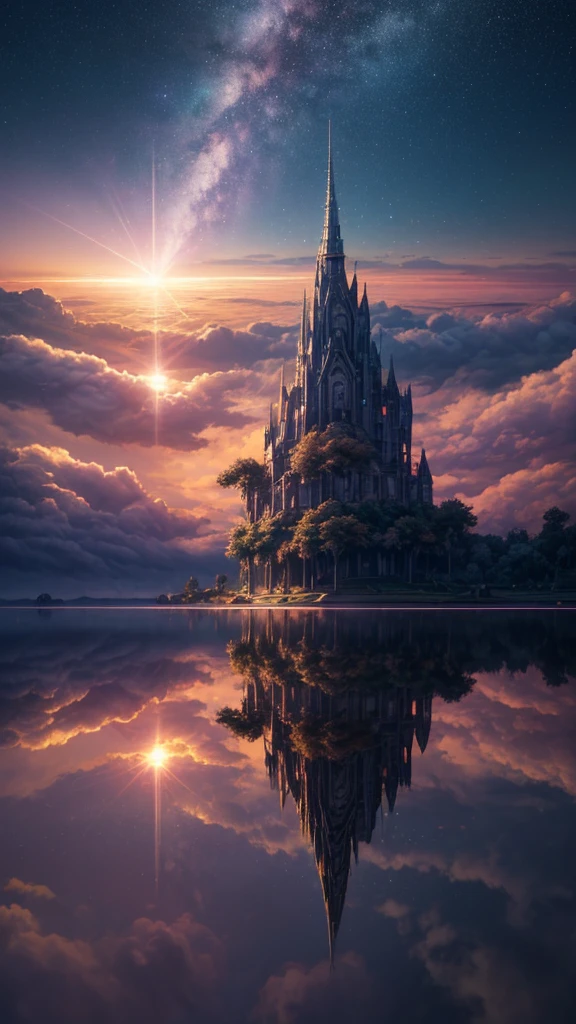 (8K, best quality, masterpiece, 最终fantasy风格: 1.2), (unrealistic, Reality: 1.37), Dreamy Landscape, fantasy, Unrealistic scenery, Very detailed, Flying Castle, Floating island in the air, Seven colors light vortex, Strong lightning, Milky Way, Complex lighting, Colored Light, Great Lake, Starry sky reflected in the lake, Countless shining stars, meteor, Reflection , (A beam of light emanated from the ground:1,2),Paradise rose and orchid gardens , Sunset, rosy clouds, Sky Waterfall, Realistic style, Surrealism, fairies flying, A flying spaceship floating above the clouds, Burning skyscraper, ,