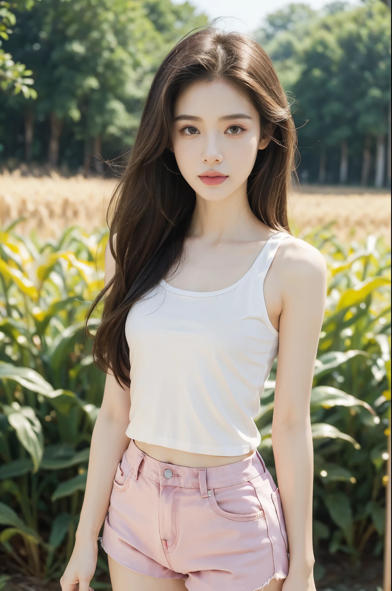 (((best quality))),(((ultra detailed))),(((masterpiece))),illustration,((1 beautiful girl,solo)),((slim,thin)),((small breasts,flat chest)),((summer afternoon)),(standing:1.3),(in cornfield:1.3), (hotpink tank top:1.3),(hotpink shorts:1.2),(slender legs:1.2),delicate,(medium straight hair:1.2), radiant smile, vibrant atmosphere, elegance, grace,fresh and cool,towering stalks, densely packed, soothing melody, serene and peaceful, hustle and bustle,majesty, harmoniously, essence of summer, tranquility, relaxation, peacefulness of nature,((from front,upper body))