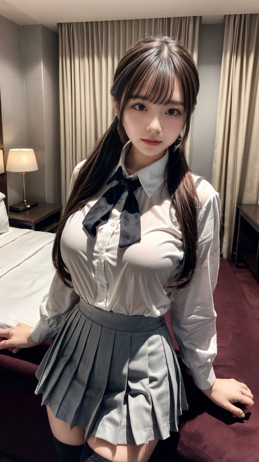 (8K, RAW Photos, Highest quality, masterpiece:1.2), (professional photography, full colors, studio-caliber color grading), (Gravure quality for high-end fashion magazines), BREAK,18 year old girl, (fluffy ponytail:1.2), Big Natural Color Lip, Plumpy body, (smooth skin:1.1), huge breasts, BREAK, (collared shirt:1.1), pleated skirt, knee high socks, BREAK, hotel room, cute , ta