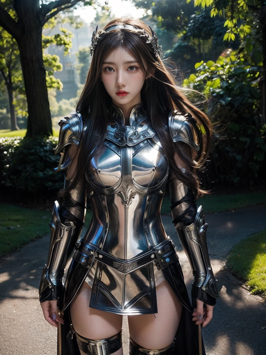 Beautiful girl, 20 years old, radiant skin, long flowing light brown hair, standing in a mystical setting. Intricate armor, shiny metal, detailed patterns, strong yet elegant. Armor fitted, protective shoulder and chest pieces, artistic design. (Right hand holding a long sword, shiny blade, reflecting light, leather-wrapped hilt with intricate carvings). Sunlight filtering through trees, creating shimmering light spots on the ground, highlighting her beauty. Soft lighting effects for depth, natural shadows on body and armor. Adjust depth of field to emphasize the girl in the center, blurred background for expansive, mysterious atmosphere. Strong, elegant, and enigmatic character." This keyword-based prompt should help generate a vivid image of the character you described