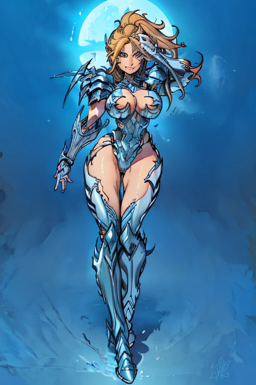 (masterpiece), best quality, expressive eyes, perfect face, Sexy woman, (long blonde hair in ponytail), blue eyes, full body, (((white witchblade armor))), high heel boots, large breasts, large ass, long legs, smiling