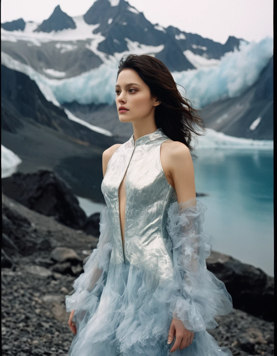 photo of a gorgeous young woman in a Glamorous outfit, beautiful face Japanese girls, still from the film, ((solo)), (Marion Cotillard look alike face: 0.7), cybernetic style in the heart of the glacier, a lone figure emerges from the mist shrouded veil of fire. the 25 year old deadhead stands burning in a perpetual state of unease, her eyes wide with terror as she gazes upon the unforgiving landscape before her. her once vibrant tie dye shirt is now dulled by the boil, smoky air, and her bell bottom jeans are streaked with frost. the wind whispers an otherworldly melody through the glacier's crevices, echoing the haunting rhythms that only the deadheads could understand. amidst this desolate expanse, she appears as a spectral apparition, her very presence seeming to defy the harsh beauty of the burning fire wilderness. the air is heavy with foreboding, and it seems that the glacier itself is watching her, its ancient power stirring in response to her fragile mortal form. futuristic, technological, cybernetic enhancements, robotics, artificial intelligence themes, Leica SL3, Summicron-SL 75 f/2 ASPH, kodak gold 200 film, dynamic action pose,