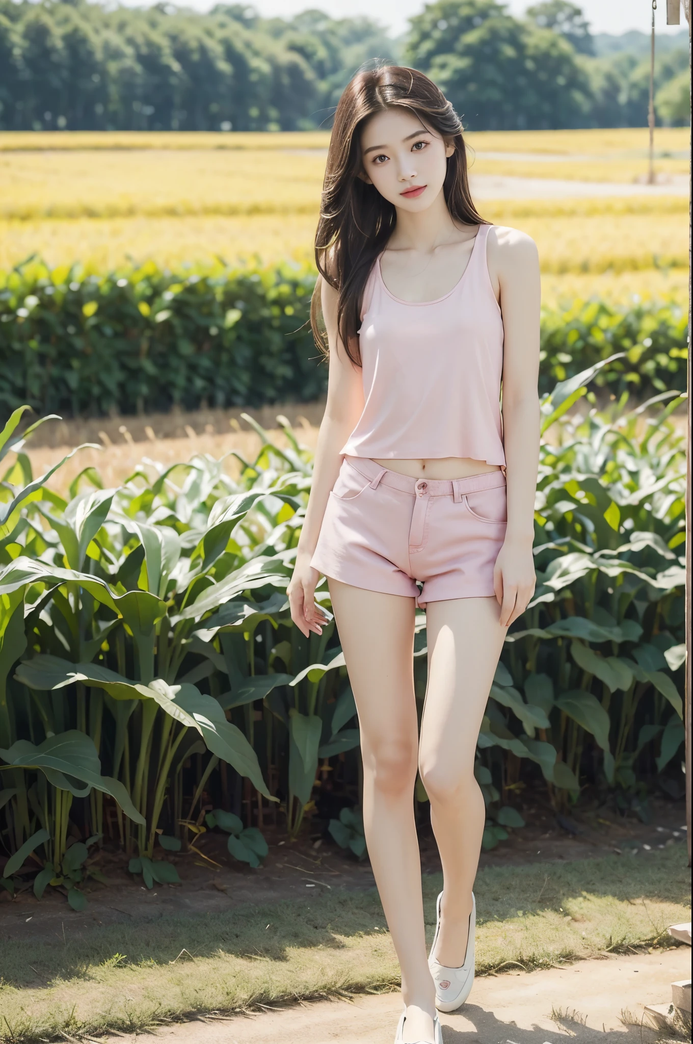 (((best quality))),(((ultra detailed))),(((masterpiece))),illustration,((1 beautiful girl,solo)),((slim,thin)),((small breasts,flat chest)),((summer afternoon)),(standing:1.3),(in cornfield:1.3), (hotpink tank top:1.3),(hotpink shorts:1.2),(slender legs:1.2),(loafers:1.2),delicate,(medium straight hair:1.2), radiant smile, vibrant atmosphere, elegance, grace,fresh and cool,towering stalks, densely packed, soothing melody, serene and peaceful, hustle and bustle,majesty, harmoniously, essence of summer, tranquility, relaxation, peacefulness of nature,((from front,full body))