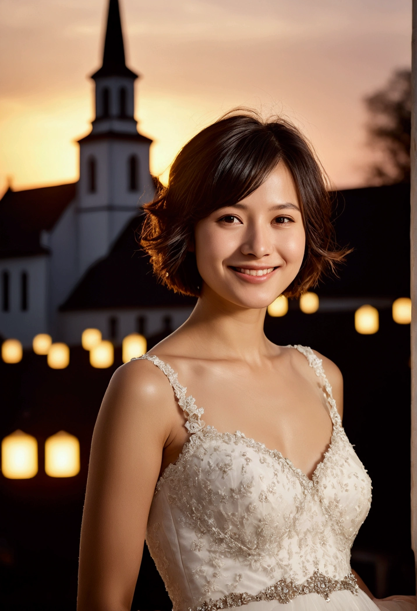 Beautiful 25 year old woman。She is wearing a wedding dress. She is smiling on illuminated by the evening church lights on the romantic sunset time. her dark brown short length hair. High resolution、masterpiece、highest quality、頭w:1.0、((Hasselblad Photos))、fine skin、(movie lighting)、clavicle, pregnant belly, full body picture.