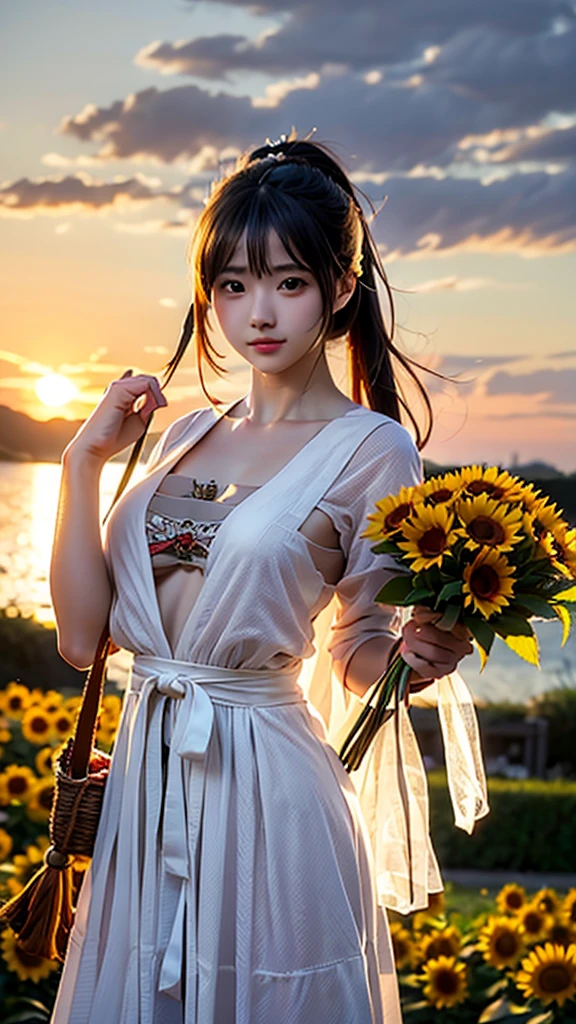 sunflower花田,20 years old,full of sunshine,splendid,sunflower女神(oriental goddess),Big breasts,Long hair ponytail,sunflower長身裙, hand basket,bouquet(sunflower),