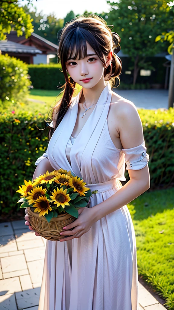 sunflower花田,20 years old,full of sunshine,splendid,sunflower女神（oriental goddess）,Big breasts,Long hair ponytail,sunflower長身裙, hand basket,bouquet（sunflower）,