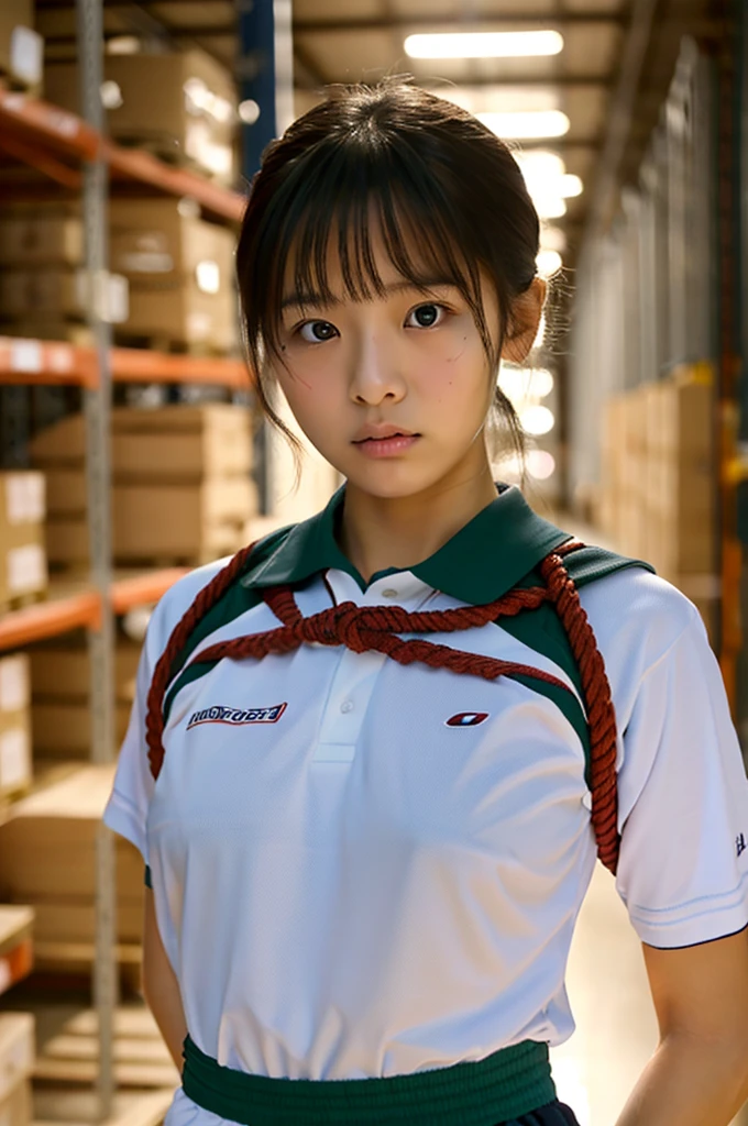 ((highest quality, masterpiece :1.3)), Photorealistic、Ultra-high resolution、Natural skin texture、Hyperrealism、Picture from the waist up、17 year old Japanese beautiful girl、Beautifully shaped breasts、Tennis uniform、Inside a small warehouse、Chest restraint with rope、Angry expression、Staring straight ahead