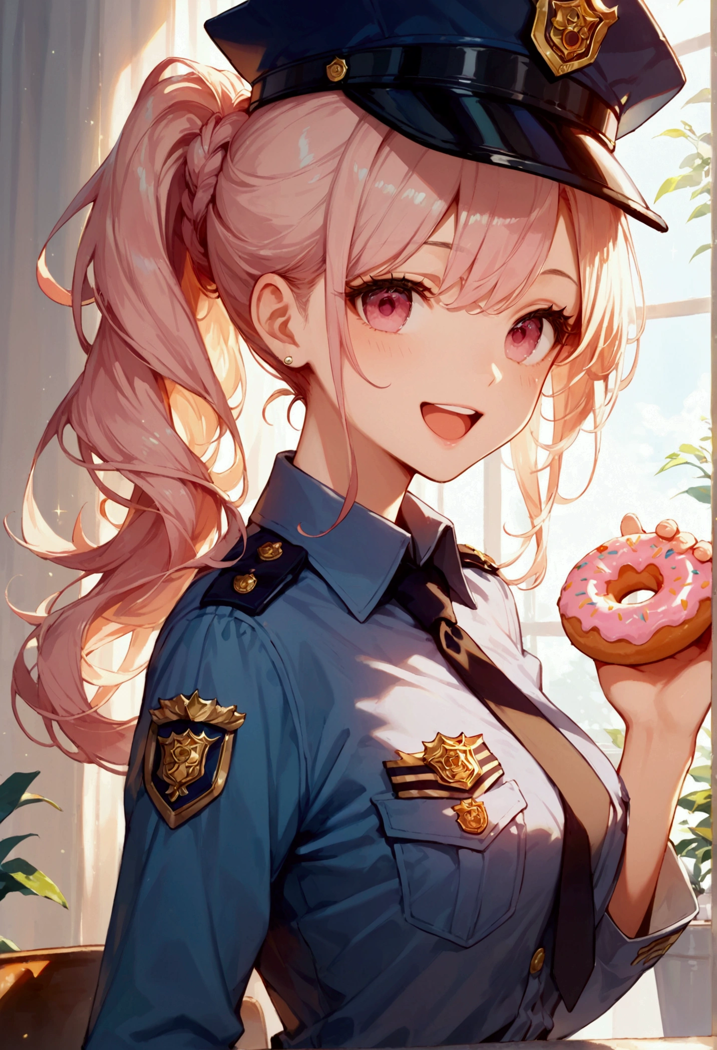 score_9, score_8_up, score_7_up, score_6_up, masterpiece, top quality, best quality, official art, beautiful and aesthetic, anime_source, centered, cinematic scene, 1girl, pink eyes, open mouth, doughnut, holding doughnut, police officer, cop, happy, Expressiveh