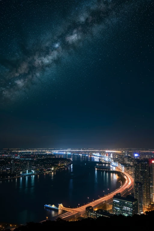 Highest quality、Ultra high definition、Beautiful starry sky、In the foreground you can see the calm sea and beyond it the neon lights of the city.