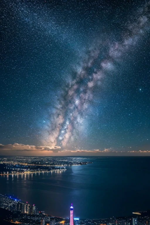 Highest quality、Ultra high definition、Beautiful starry sky、In the foreground you can see the calm sea and beyond it the neon lights of the city.