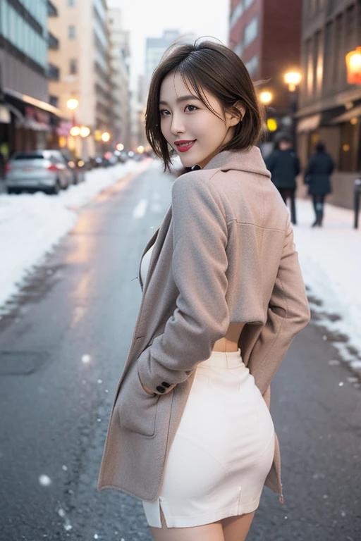 Highest quality, 4K, 8k, Detailed face, Clear Face, Cute Girls, Korean Makeup, Red lips, smile, Perfect body,Straight short hair to the shoulders,Small breasts,thigh,slim,thin, The girl is wearing a long, wide coat, Under the jacket was a top tube and pantyhose., Lower abdomen, Snow Scene, winter, street,Accentuate your butt、(Panty lines、Panty lines showing through the skirt:1.25),(skirt with deep slit,:1.3)