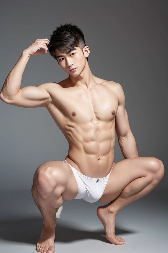 Japanese male model in micro thongs, G-string, lifted arms, spread legs, Full Body Shoot, Quiff haircut, look at camera, detailed facial parts, Manly, Charmer, Active Boy, stand in front of gray background, Freestyle Pose, squatting, Happy Expression, perfect anatomy, symmetric body, asian boy 19 years old, shirtless :: high detail, asian, a little six packs attractive body, realistic, human skin, Short Hairstyle, handsome chad chin, shirtless, handsome, attractive, masculine, sexually attractive, human skin, (eyes contact), Handsome, Attractive