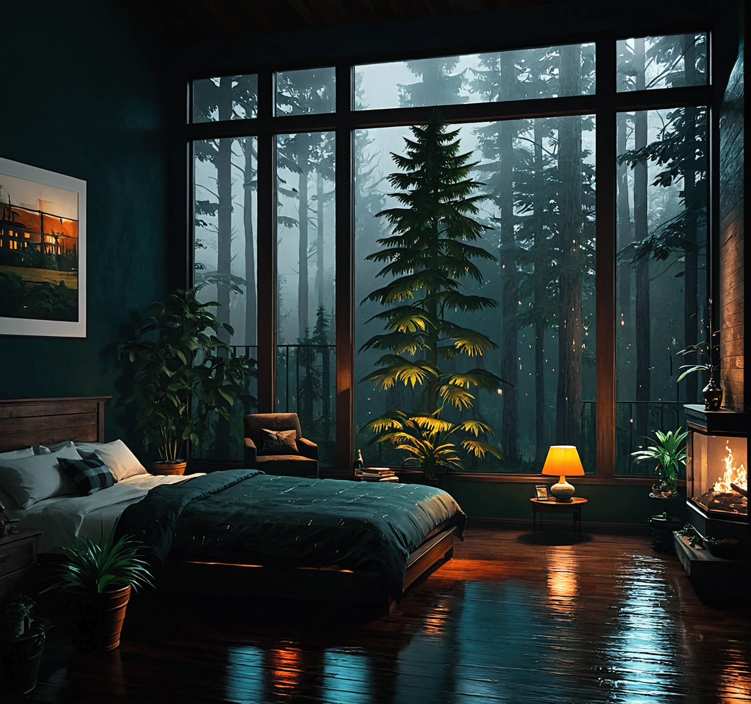 Bedroom view with fire in the fireplace in the room, large windows overlooking the forest, quiet night. original image, rainy day. original rendering, rainy night, gloomy cinematic lighting, atmosphere. digital painting, moody cartoon scenes, dramatic lighting. cinematic, cinematic,concept art, atmospheric shots, gloomy weather. hyperrealistic, atmospheric rendering, rainy night, huge forest, cinematic, 4k, ultra hd,atmospheric and gritty details, beautiful and cinematic lighting, rainforest
