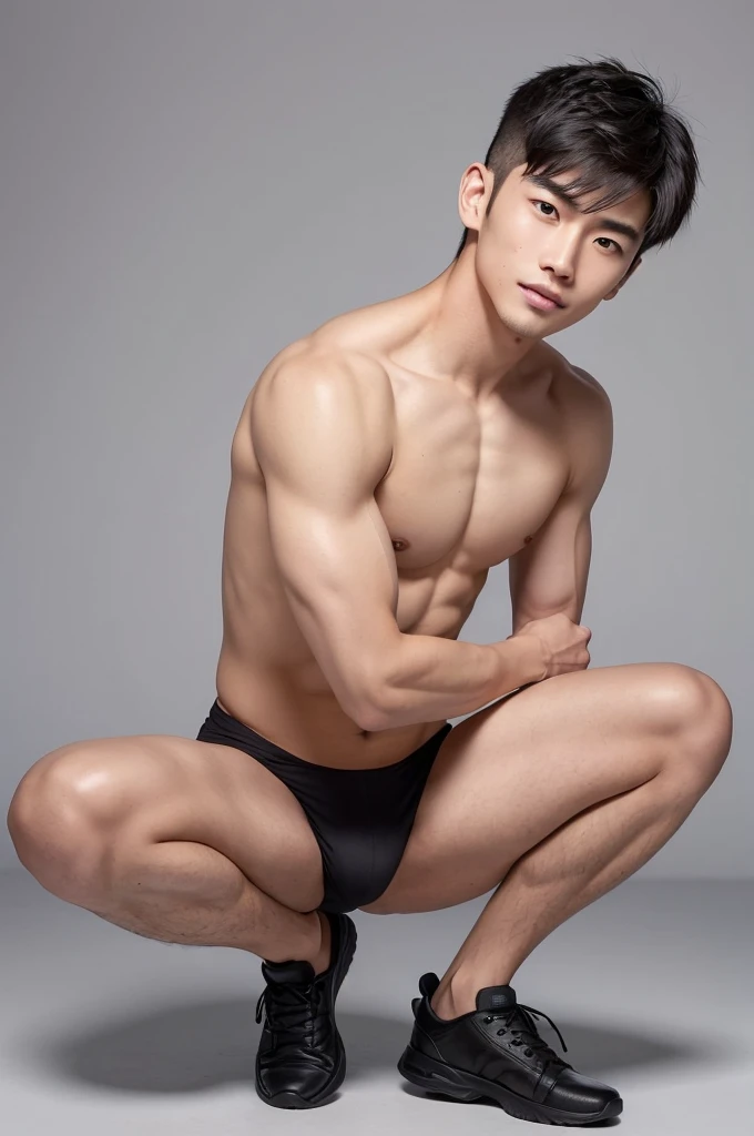 Japanese male model in micro thongs, G-string, lifted arms, spread legs, Full Body Shoot, Quiff haircut, look at camera, detailed facial parts, Manly, Charmer, Active Boy, stand in front of gray background, Freestyle Pose, squatting, Happy Expression, perfect anatomy, symmetric body, asian boy 19 years old, shirtless :: high detail, asian, a little six packs attractive body, realistic, human skin, Short Hairstyle, handsome chad chin, shirtless, handsome, attractive, masculine, sexually attractive, human skin, (eyes contact), Handsome, Attractive