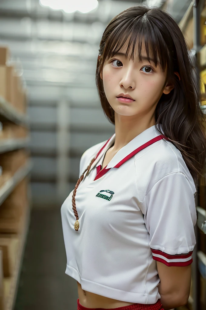 ((highest quality, masterpiece :1.3)), Photorealistic、Ultra-high resolution、Natural skin texture、Hyperrealism、Picture from the waist up、17 year old Japanese beautiful girl、Beautifully shaped breasts、Tennis uniform、Inside a small warehouse、Chest restraint with rope、Angry expression、Staring straight ahead