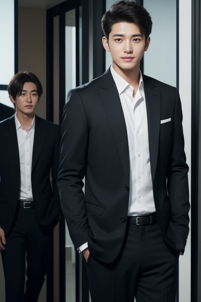 Black suit、　20-year-old refreshingly handsome new employee、　（Super cool S-class guy in a suit）、　Japan boys at 20 years old、　businessman、　Ultra-luxury suits、　s Office、　Stand in a suitＳYoung handsome man、　Full body photo、　（Highly detailed photos of CG Unity 8K）、　（A highly detailedＳHandsome man in class）、　（Photo Real）、　　（（top-quality））、　ultra-detailliert、　（​masterpiece）、　An ultra-high picture quality、　tall、　viewer、　Gentle man、　Very beautiful hair、　Shorthair、　Bright photo、　Handsome like a model、　Handsome like an idol、　Luxury Watches、　Cool belt、　japanes